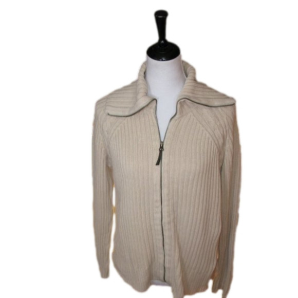 Karen Scott Zip Front Cardigan/Turtle Neck Beige Sweater Size Medium - Picture 1 of 10